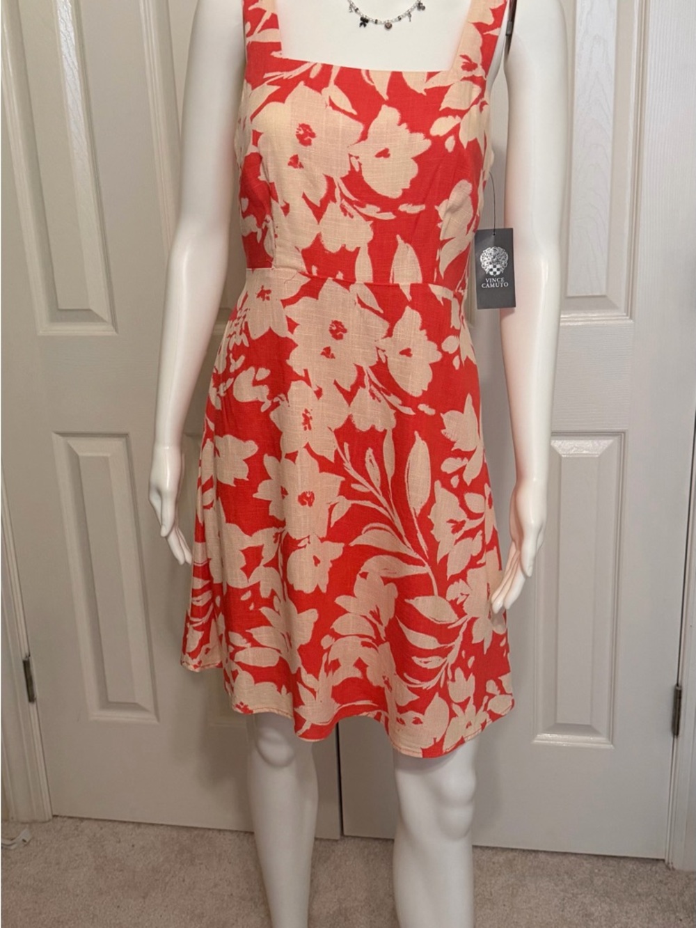 Vince Camuto NWT Orange Floral Fit & Flare Mini Dress Linen Blend Size XS